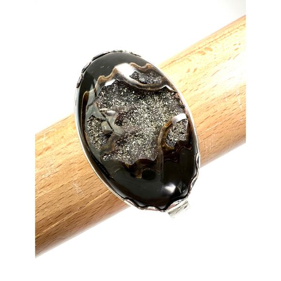 Pyritized Ammonite Geode Cuff Hand Hammered 925 Sterling Silver 6" + 1" Gap - Picture 6 of 6